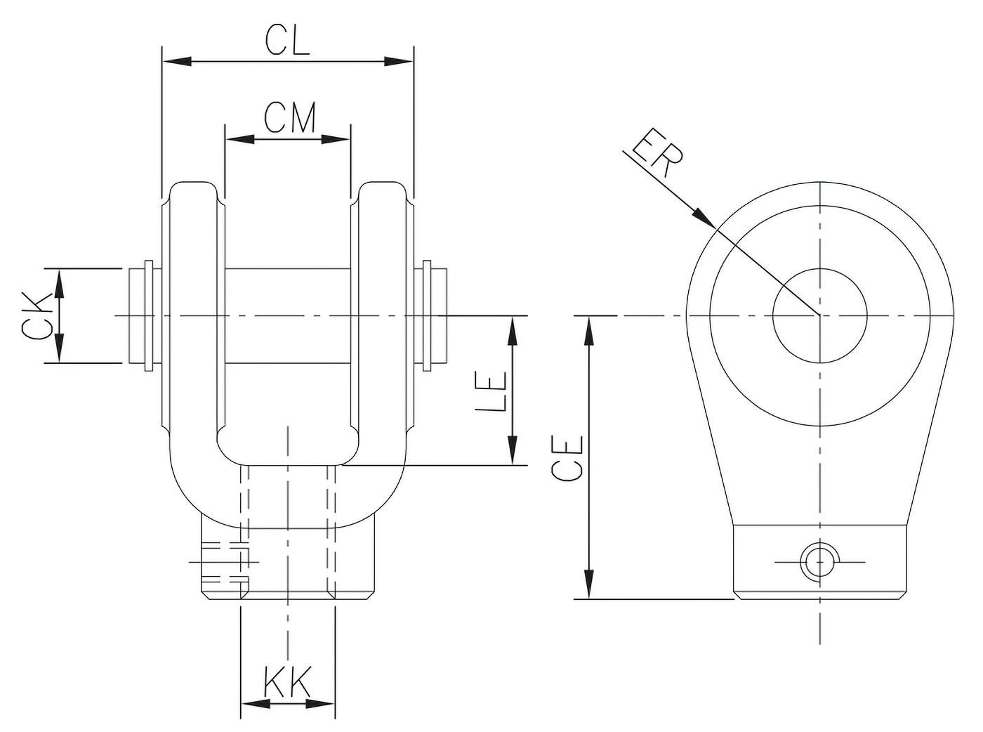 Terminale a stelo a forcella con perno sferico ISO 8133