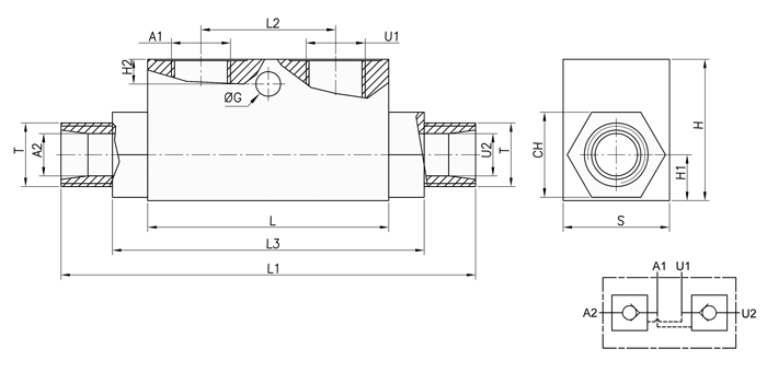 Disegno tecnico valvola per cilindri oleodinamici compatti VRDE-AZ FF