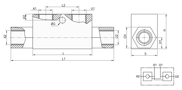 Disegno tecnico valvola per cilindri oleodinamici compatti VRDE-F FF